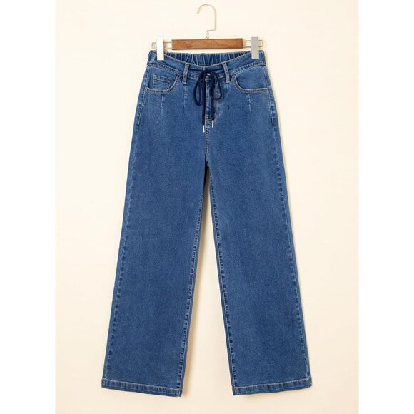 Women's Wide Leg High Waisted Elastic Waist Jeans Casual Baggy Denim - Picture 5 of 10